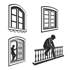 Four black silhouette windows with figures white icon
