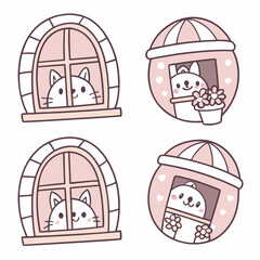 Fototapeta premium Four cute cartoon animals peeking from windows and round openings