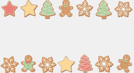 Vector illustration of a festive Christmas cookie border copy space template with gingerbread men, stars, trees, and snowflakes for holiday design