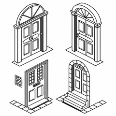 Four isometric doors with different architectural styles