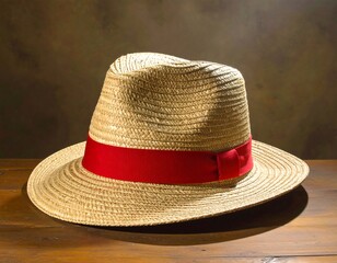 A close-up shot of a straw hat with a red band sitting on a wooden surface, set against a dark, painterly backdrop