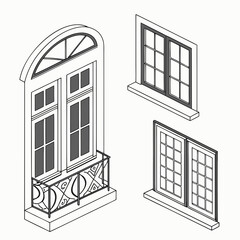 Four isometric window designs with dark panes and white frames
