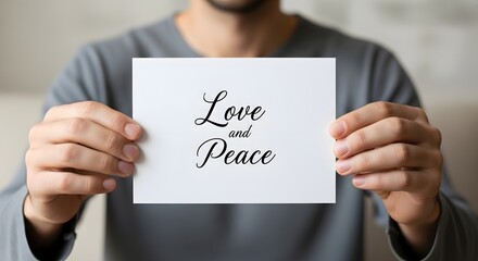 A person holding a white card with the words 'Love and Peace' written in elegant black script, symbolizing harmony and kindness in a simple and peaceful setting
