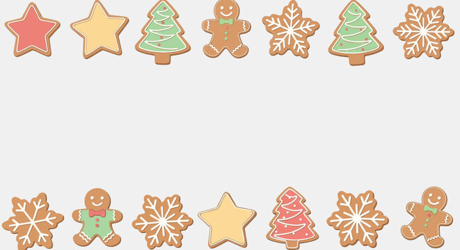 Vector illustration of a festive Christmas cookie border copy space template with gingerbread men, stars, trees, and snowflakes for holiday design