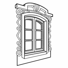 Ornate arched window with decorative scrollwork vector