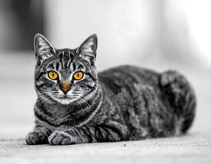 A close-up shot of a striped domestic cat with vibrant yellow eyes, resting peacefully on a blurred background