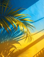 A close-up shot of a sunlit palm frond casting intricate shadows on a vibrantly painted wall. The wall is divided
