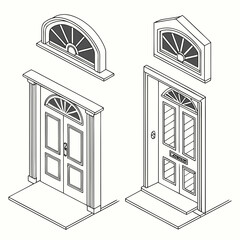 Two isometric doors with fanlight windows and steps