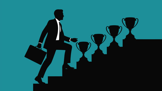 Ambitious businessman climbs stairs to success, showcasing leadership and career goals with trophies, ideal for motivational business content