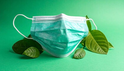 A close-up shot of a surgical mask resting amongst vibrant green leaves against a matching green backdrop, creating a nature-inspired composition