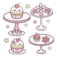 Four cute cartoon cupcakes and desserts on tables pink
