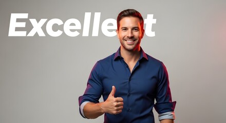A confident young man in a blue shirt giving a thumbs-up gesture in front of a gray background with the word 'Excellent' partially visible behind him
