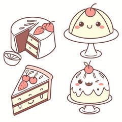 Four cute cartoon desserts with faces cake slice of cake