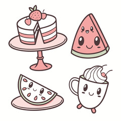 Four cute cartoon food icons with faces cake strawberry