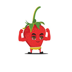 Illustration Vector Graphic Of A Strawberry Shows off its Bulging Biceps Good For Mascot, Logo and Sticker