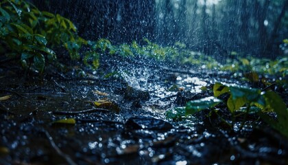 Fototapeta premium Close Up of a Forest Floor with Rainfall and Green Plants.
