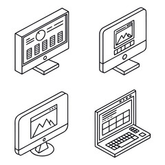 Four isometric computer and laptop icons with screen content
