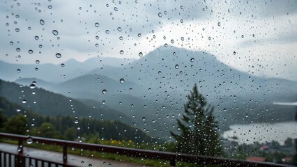 Raindrops on a window pane with a blurred, moody background of mountains and forest.