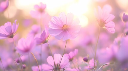 Fototapeta premium Pink cosmos flowers blooming in garden under soft sunrise light, peaceful spring and summer floral scene