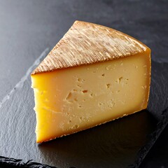 A close-up shot of a triangular cheese wedge rests on a dark, slate serving board, showing texture and holes