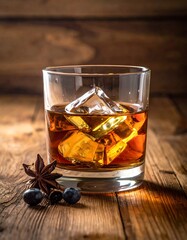 A close-up shot of a tumbler filled with amber liquid and large ice cubes, garnished with star anise and berries, resting on wood