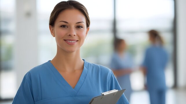 Portrait of a smiling female healthcare professional in blue scrubs holding a medical chart in a bright hospital hallway