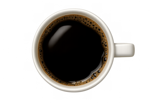 Black coffee in white ceramic cup with crema, a popular hot breakfast drink from top-down view on transparent background