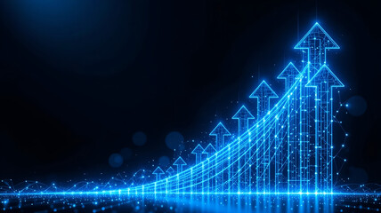 Futuristic Digital Blue Arrows Rising Upward Representing Financial Growth, Data Success, and Business Technology Improvement Concept for Presentation or Website Background Use