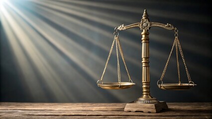 Antique brass scale of justice on a wooden desk under dramatic spotlight beams, legal fairness concept