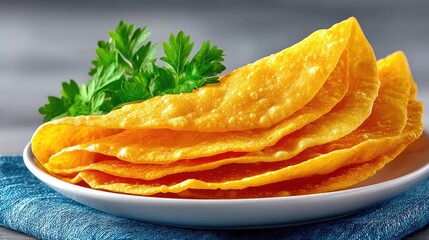 Golden Crispy Roti Stacked on White Plate Garnished with Fresh Green Parsley Served on Blue Textured Cloth with Gray Stone Background