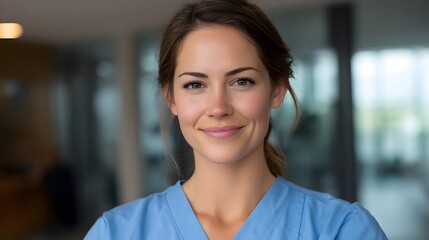A friendly female healthcare professional in blue scrubs smiles warmly at the with a calm reassuring expression