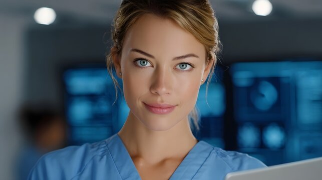 A confident and intelligent female healthcare professional in modern blue scrubs looking forward in a high tech research facility with glowing data