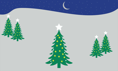 Winter night landscape with decorated christmas trees under starry sky
