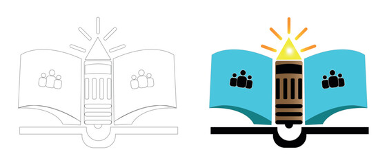 Fototapeta premium Open book and pencil education logo illustration with creative design concept 