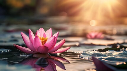 Pink lotus flower blooming gracefully on water with soft vintage glow