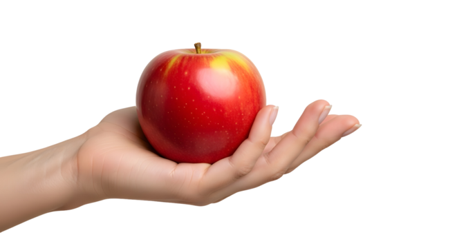 Apple in Hand: A vibrant, ripe apple rests delicately in an open hand, ready for the taking, symbolizing nourishment, health, and a moment of mindful presence.