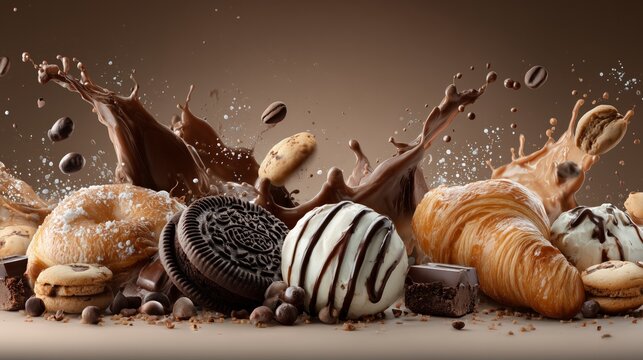 Assortment of sweet pastries, cookies, and chocolate with splashes of brown liquid and coffee beans