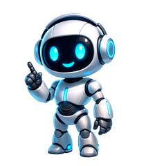 3D Cute AI Robot Pointing Up &ndash; Friendly Mascot with Headphones Giving Tip or Suggestion, Futuristic AI Assistant isolated on transparent background. 3d rendering PNG file, cut out