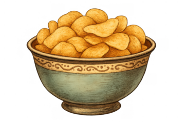 Crispy golden potato chips overflowing from a rustic ceramic bowl with ornate pattern, illustrating a popular party treat