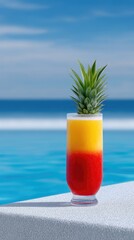 Obraz premium Vibrant Tropical Cocktail with Pineapple Garnish Stands on Poolside Edge Under Bright Blue Sky and Ocean Horizon