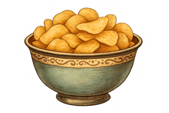 Crispy golden potato chips overflowing from a rustic ceramic bowl with ornate pattern, illustrating a popular party treat