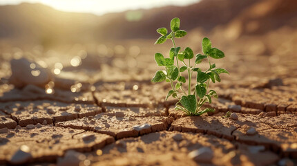small green sprout emerging from cracked, dry earth Hope in the Dust, Generative Ai