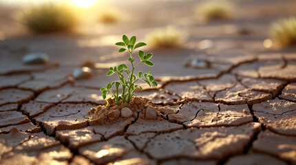 small green sprout emerging from cracked, dry earth Hope in the Dust, Generative Ai