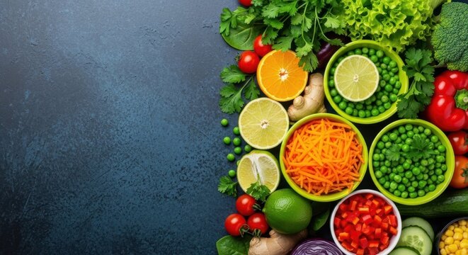 Fresh, colorful arrangement of healthy vegetables and fruits on a dark background
