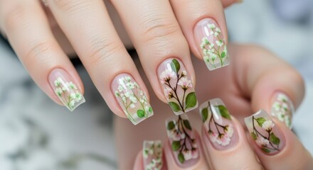 Elegant floral nail art design with delicate flowers and leaves