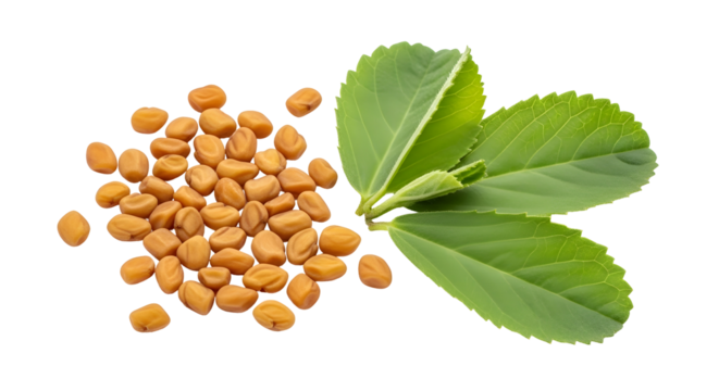 Heap of fenugreek seeds with green leaves, isolated on transparent background