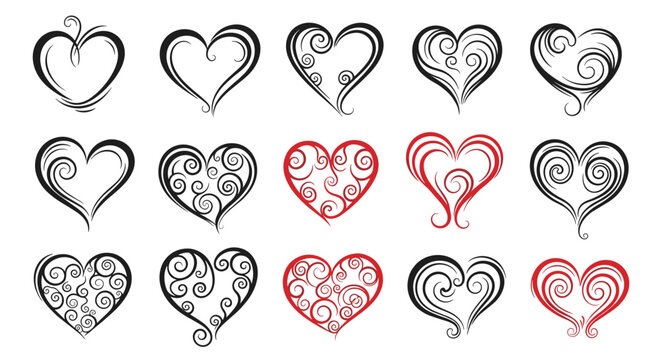 Artistic collection of heart designs featuring intricate swirls, grunge textures, and brush strokes in black and red, perfect for romantic themes.