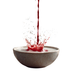 Dramatic splash of red liquid in a bowl of white liquid against  high speed photography