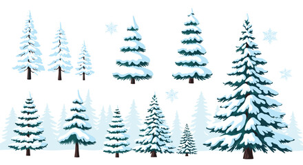 Fototapeta premium Snow-covered evergreen trees in a winter landscape with falling snowflakes, ready for the holiday season.