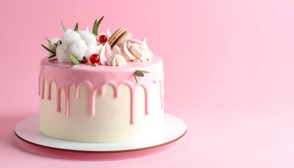 A beautifully decorated cake sits on a white plate against a soft pink background. The cake features a drip design and is topped with garnishes